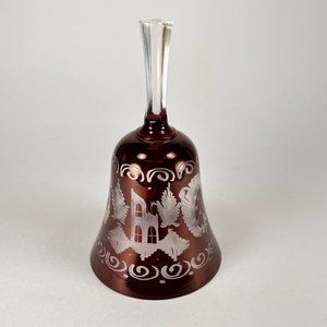 Vtg Egermann Bohemian Glass Bell Ruby Red Cut To Clear Etched Castle Bird Czech